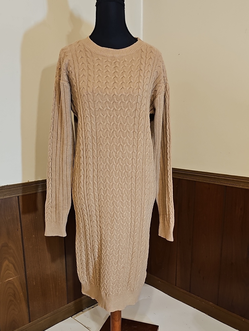 Spadehill Cable Knit Sweater Dress Size Large Tan Beige Long Sleeve